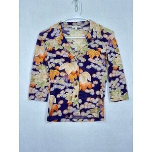 Kookai Floral Leaf Button Up Top Slim Fit 1 3/4 Sleeve Knit Artsy Retro